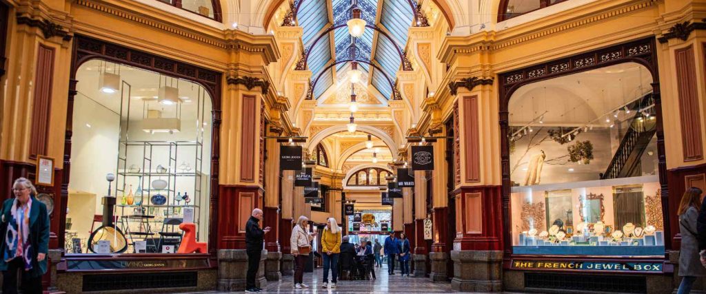 Inside Melbourne's Block Arcade with cafes and shops